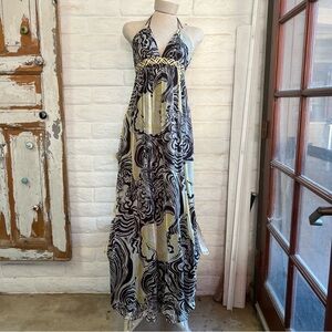 Vneck organza overlay halter maxi dress